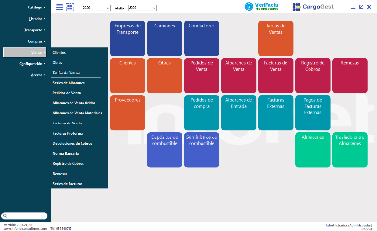 Menú principal de CargoGest con mosaicos de colores: empresas de transporte, camiones, conductores, clientes, obras, pedidos, albaranes y facturas de venta, cobros, remesas, compras, combustible y almacenes.
